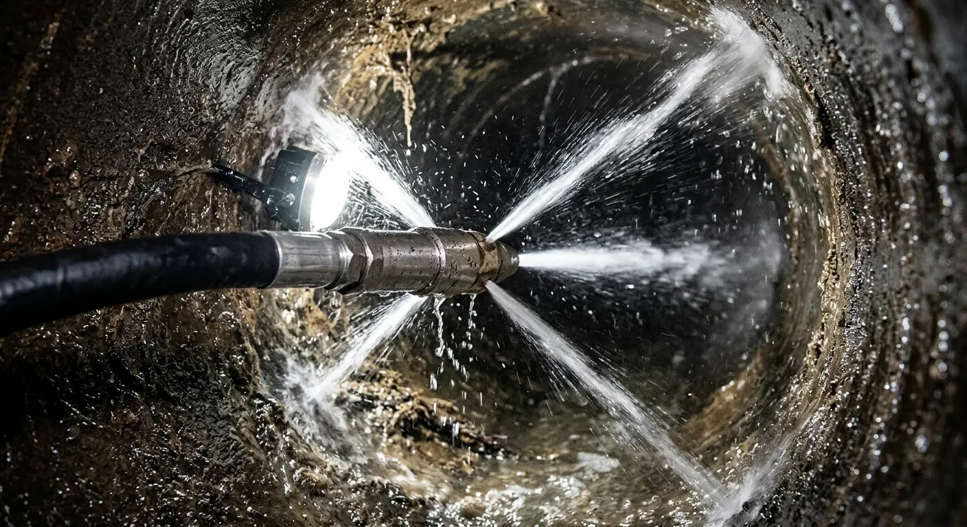 High-pressure hydro jetting nozzle cleaning sewer pipe for Sewer Cleanout in Wilmette