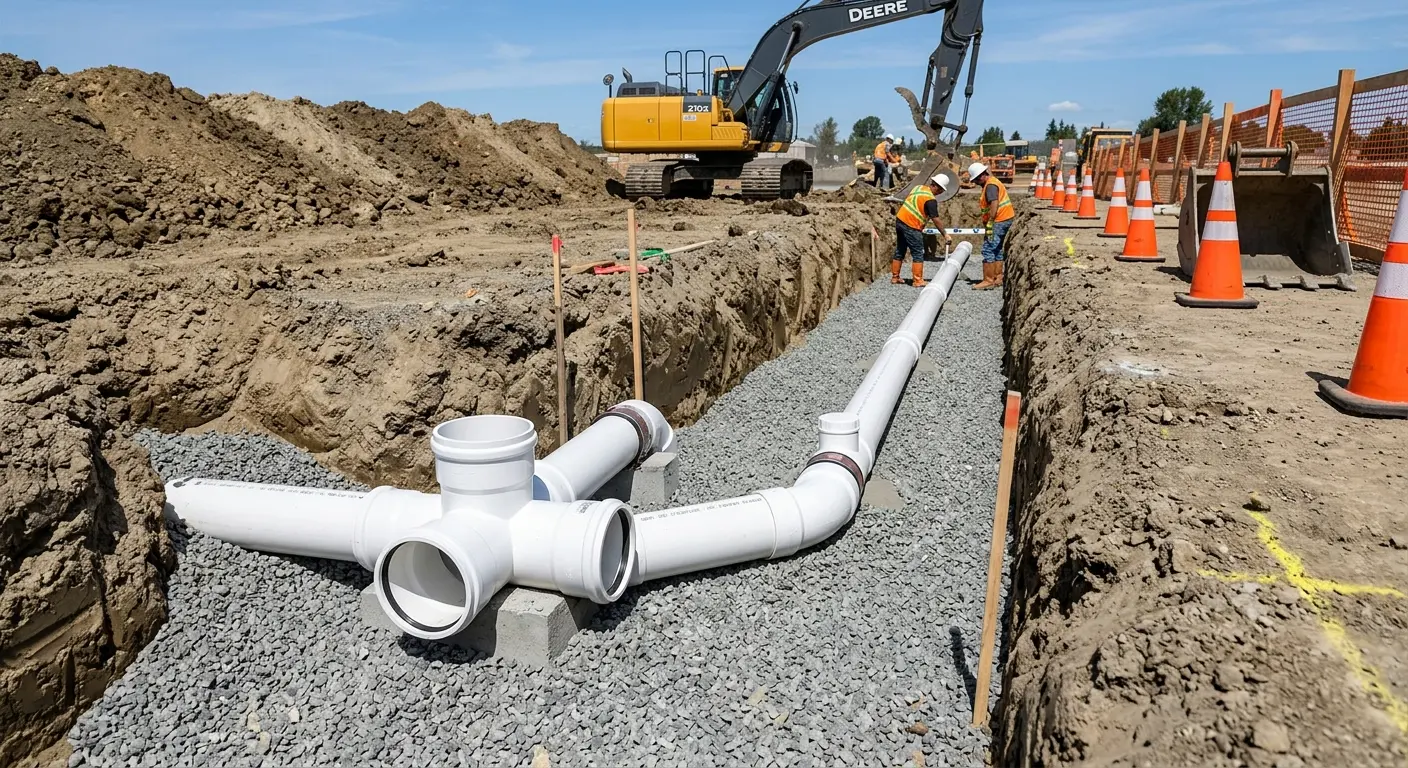 New PVC sewer pipe installation in open trench for Commercial Drain Cleaning in Wilmette