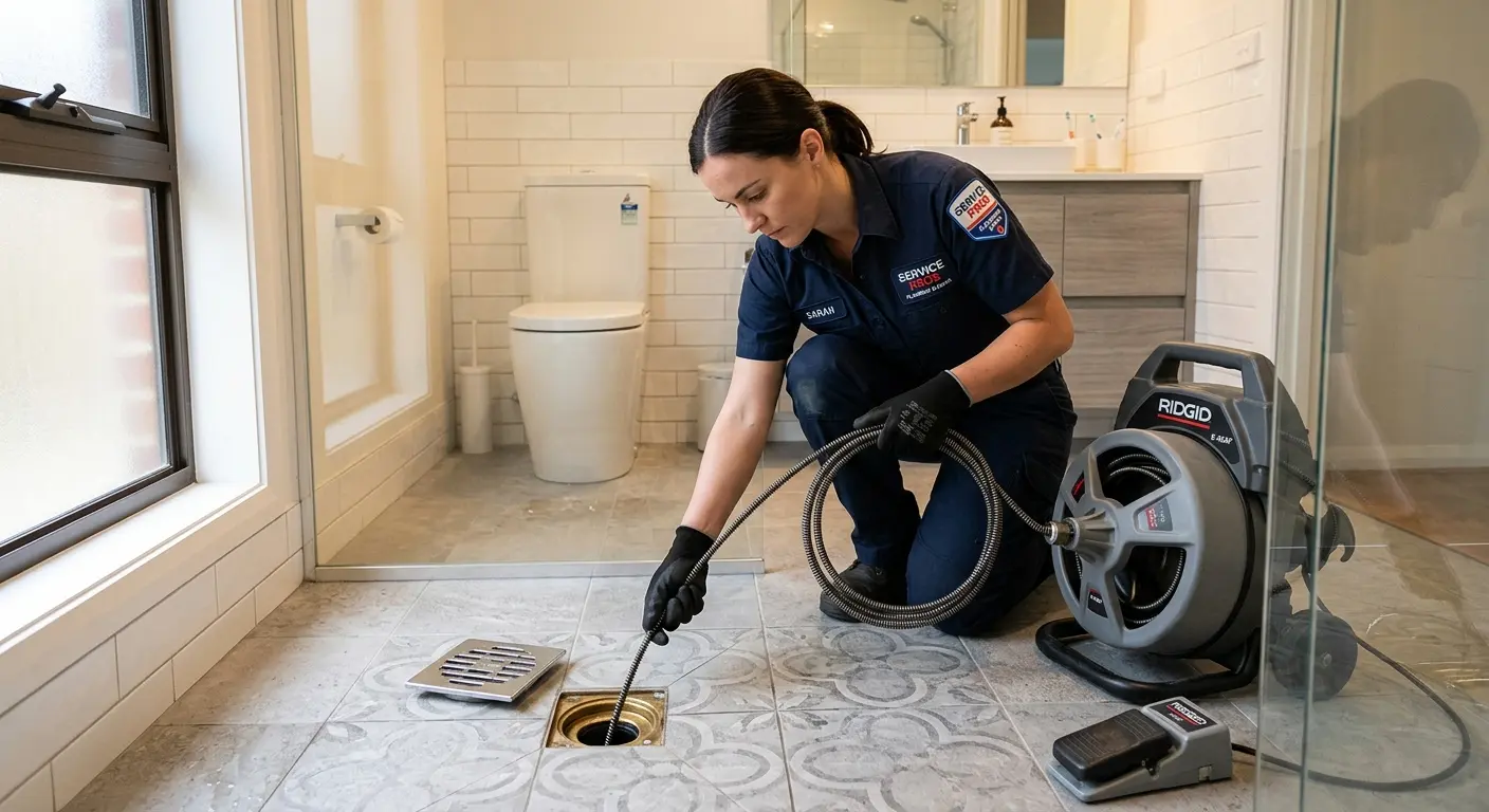 Technician clearing a bathroom floor drain for Sewer Line Replacement in Wilmette